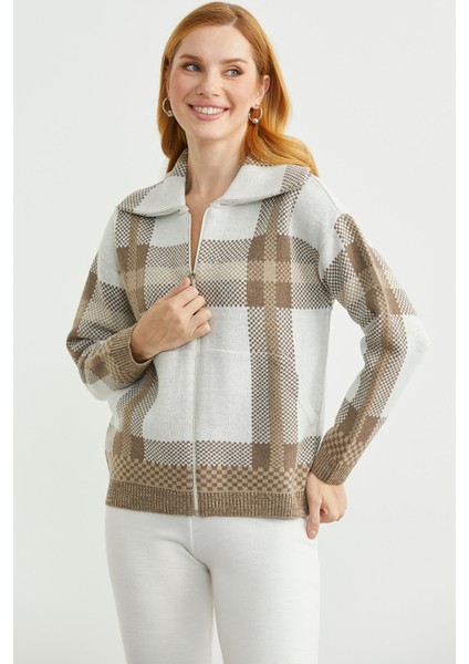 Ekose Blok Geçişli Yünlü Triko Hırka - Bej fırsatları