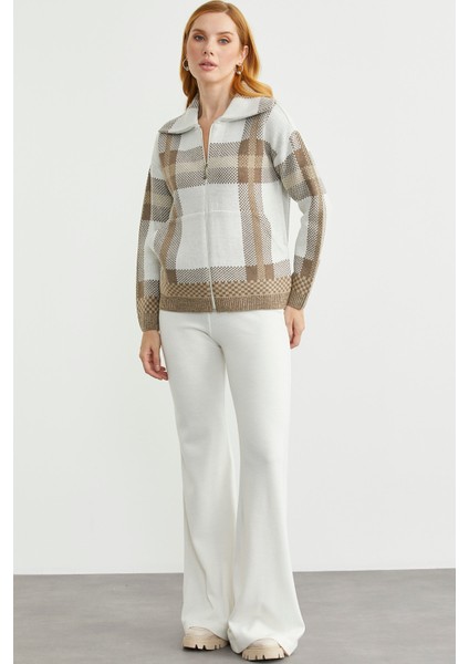 Ekose Blok Geçişli Yünlü Triko Hırka - Bej indirimleri