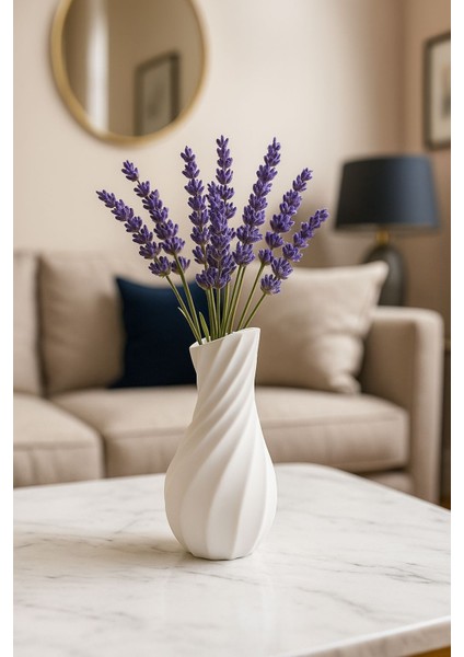 Beyaz Dalgalı Taş Vazo – 15 cm Dekoratif Çiçeklik