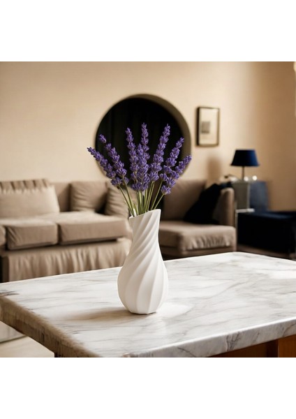 Beyaz Dalgalı Taş Vazo – 15 cm Dekoratif Çiçeklik