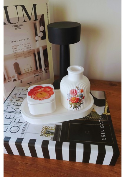 “çiçek Desenli Dekoratif Mum & Dekoratif Vazo Seti – Gül Motifli”