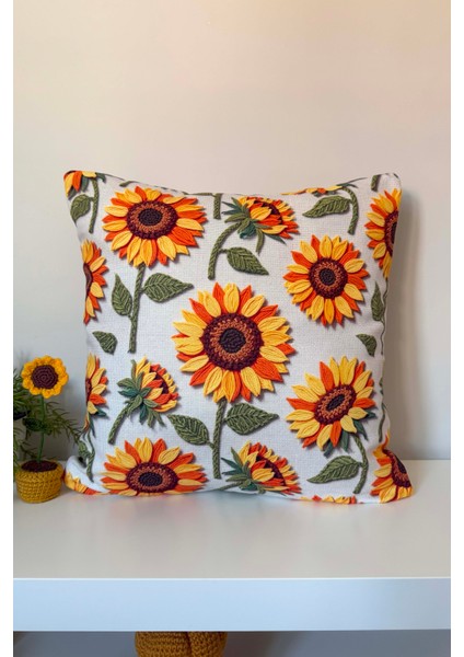 Ayçiçeği ve Yaprak Desenli Kırlent Kılıfı 3D Punch Nakış Efekt Dijital Baskılı 43X43CM