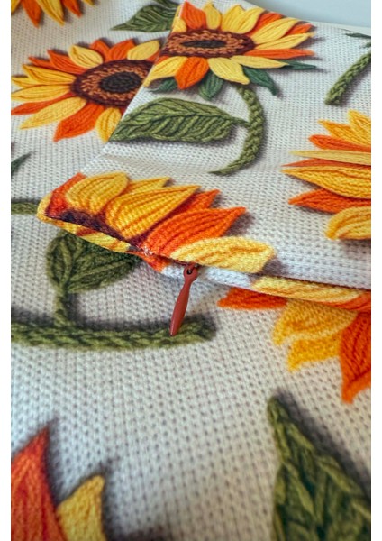 Ayçiçeği ve Yaprak Desenli Kırlent Kılıfı 3D Punch Nakış Efekt Dijital Baskılı 43X43CM modelleri