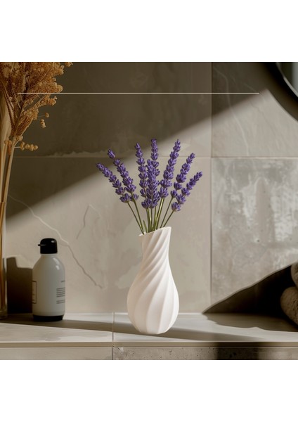 Beyaz Dalgalı Taş Vazo – 15 cm Dekoratif Çiçeklik