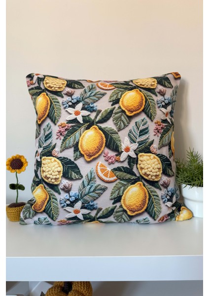 Limonlar ve Yaprak Desenli Kırlent Kılıfı 3D Punch Nakış Efekt Dijital Baskılı 43X43CM