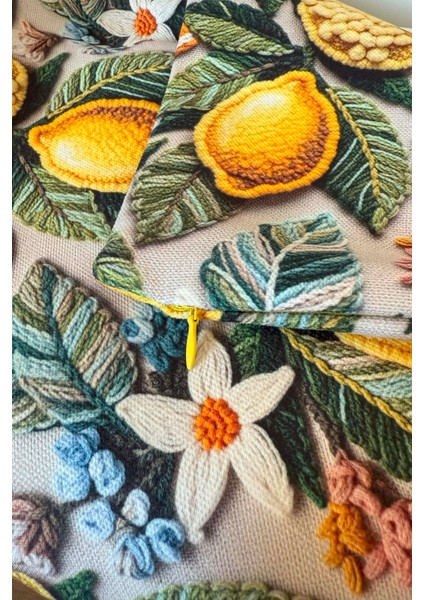 Limonlar ve Yaprak Desenli Kırlent Kılıfı 3D Punch Nakış Efekt Dijital Baskılı 43X43CM modelleri