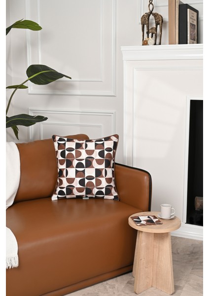 Soyut Geometrik Kahverengi Desenli Deri Fitilli Kadife Kırlent Kılıfı 43X43CM