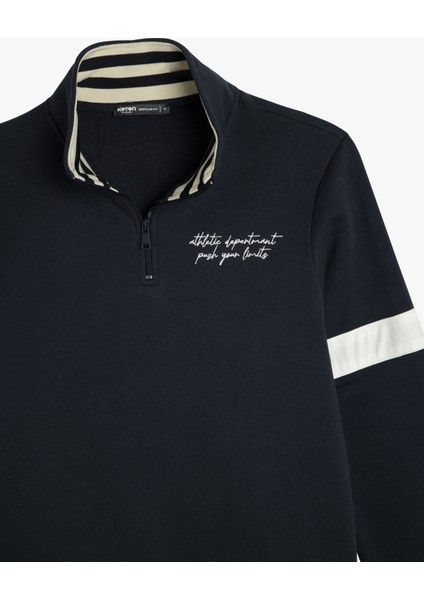 Yarım Fermuarlı Yaka Sweatshirt Slogan Işlemeli Şardonlu Pamuk Karışımlı indirimleri