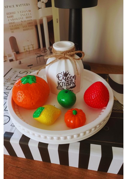 “dekoratif Meyve Biblo Seti & Queen Of The Kitchen Vazo – Yuvarlak Taş Tozu Tabaklı”