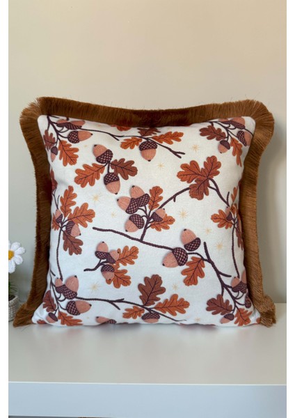 Sonbahar Meşe Palamudu Desenli Saçaklı Kırlent Kılıfı 3D Punch Nakış Efekt Dijital Baskılı 43X43CM