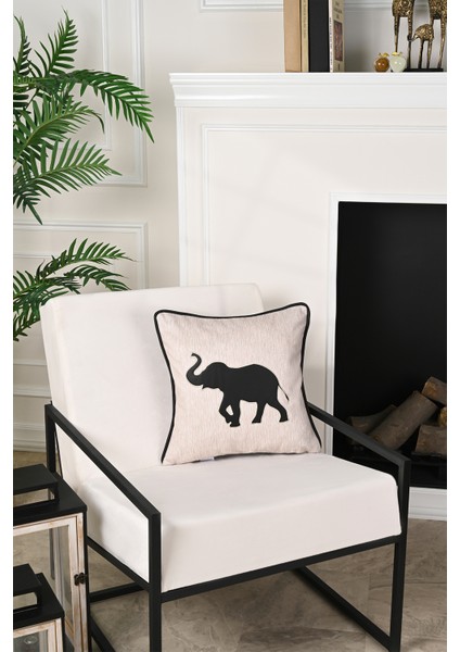 Fil Tasarım Deri Aplike Kadife Kırlent Kılıfı 43X43CM