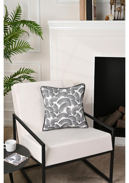 Minimalist Dalga Desenli Deri Fitilli Kadife Kırlent Kılıfı 43X43CM