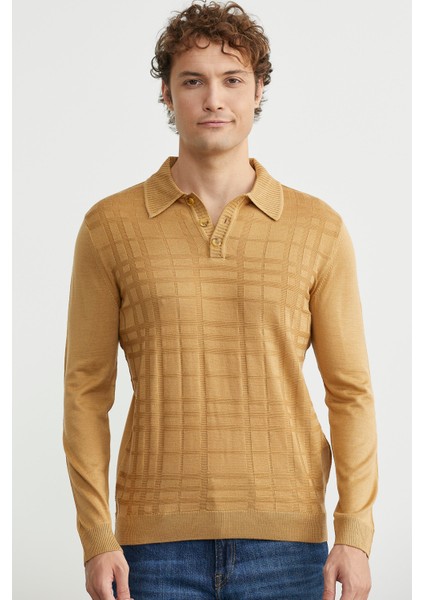 Polo Yaka Ekose Motifli Triko Kazak - Kamel