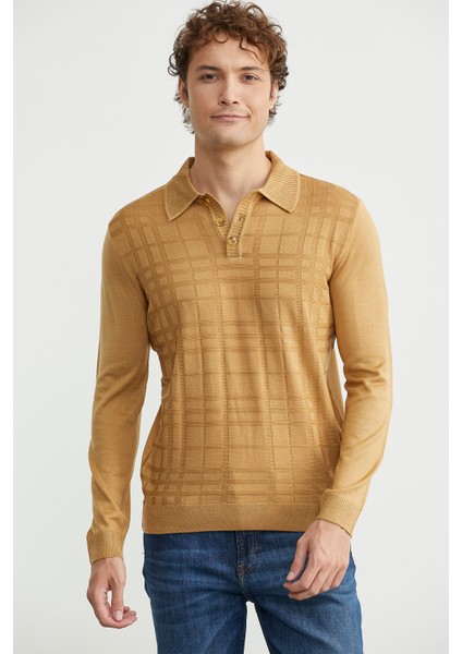 Polo Yaka Ekose Motifli Triko Kazak - Kamel fiyatları