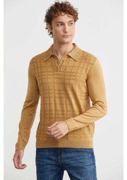 Polo Yaka Ekose Motifli Triko Kazak - Kamel modelleri