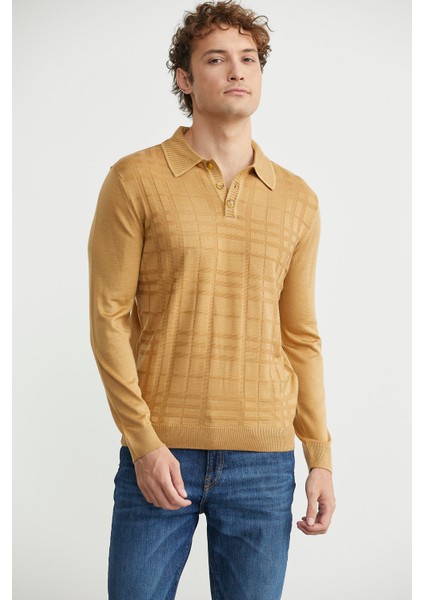 Polo Yaka Ekose Motifli Triko Kazak - Kamel fırsatları