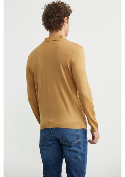 Polo Yaka Ekose Motifli Triko Kazak - Kamel indirimleri