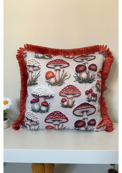 Sonbahar Mantarları Desenli Saçaklı Kırlent Kılıfı 3D Punch Nakış Efekt Dijital Baskılı 43X43CM