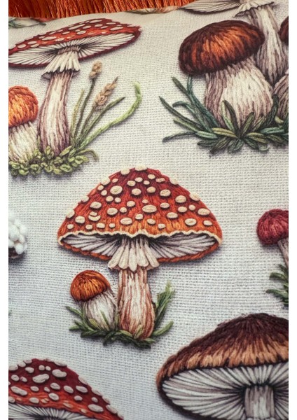 Sonbahar Mantarları Desenli Saçaklı Kırlent Kılıfı 3D Punch Nakış Efekt Dijital Baskılı 43X43CM fiyatları