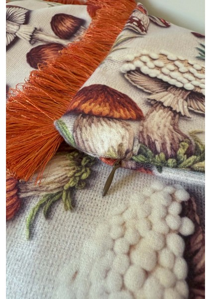 Sonbahar Mantarları Desenli Saçaklı Kırlent Kılıfı 3D Punch Nakış Efekt Dijital Baskılı 43X43CM modelleri