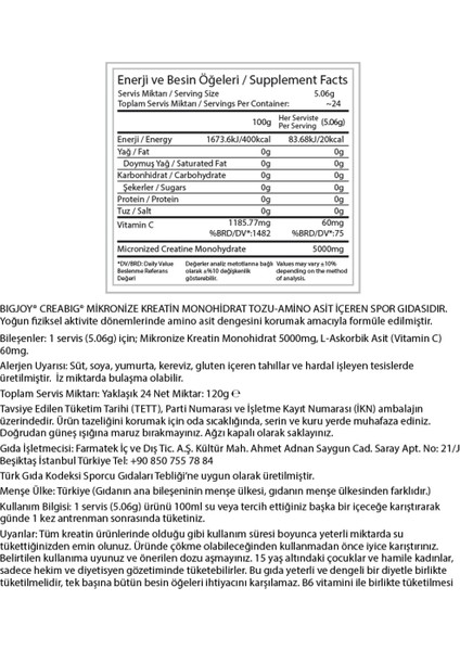 Creabig Kreatin (Creatine Monohidrat) 120 gr – Mikronize – Aromasız – 24 Servis
