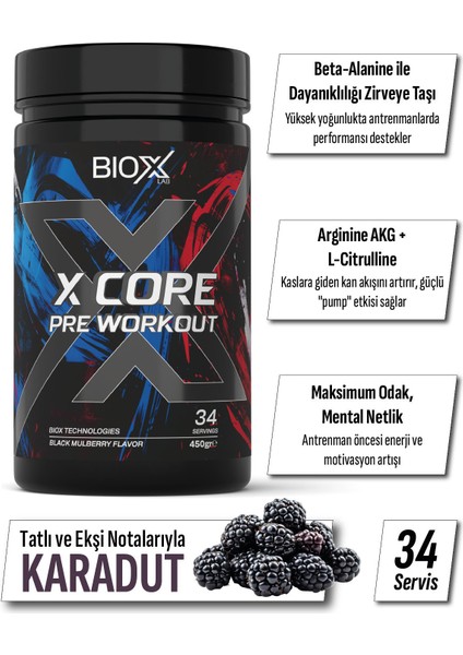 Bioxlab X-Core Preworkout Karadut Aroma 450 gr 34 Servis Pre-Workout