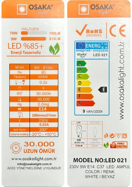 (1 adet) Osaka 9W (70W) Beyaz Işık (6500K) E14 Duylu (Ince Duy) LED Mum Ampul modelleri