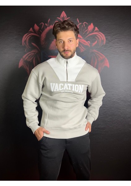 Fermuarlı Baskılı Dik Yaka %100 Pamuk Sweatshirt