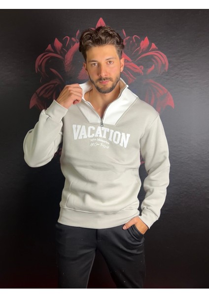 Fermuarlı Baskılı Dik Yaka %100 Pamuk Sweatshirt fiyatları