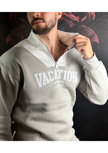 Fermuarlı Baskılı Dik Yaka %100 Pamuk Sweatshirt