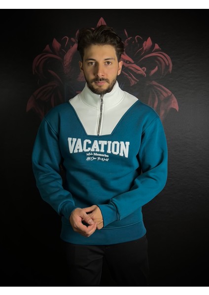 Fermuarlı Baskılı Dik Yaka %100 Pamuk Sweatshirt