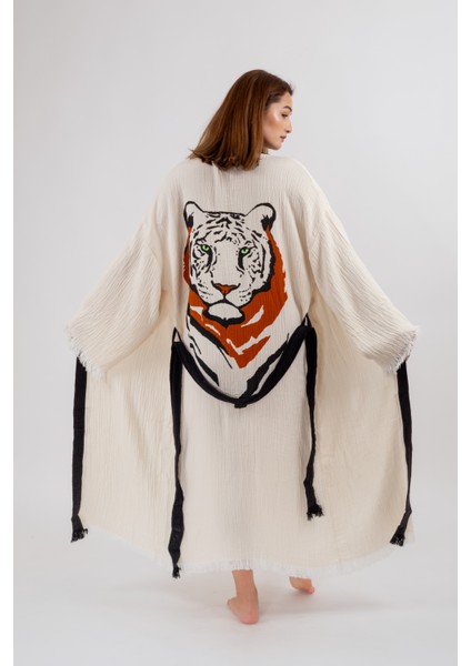 Müslin Kimono %100 Pamuklu Kaplan Baskılı Desenli Bornoz Kaftan Sabahlık