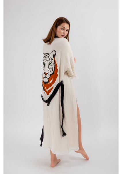 Müslin Kimono %100 Pamuklu Kaplan Baskılı Desenli Bornoz Kaftan Sabahlık modelleri