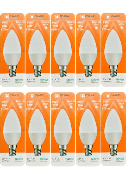 (10 adet) Osaka 9W (70W) Beyaz Işık (6500K) E14 Duylu (Ince Duy) LED Mum Ampul
