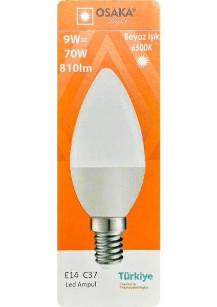 (10 adet) Osaka 9W (70W) Beyaz Işık (6500K) E14 Duylu (Ince Duy) LED Mum Ampul fiyatları