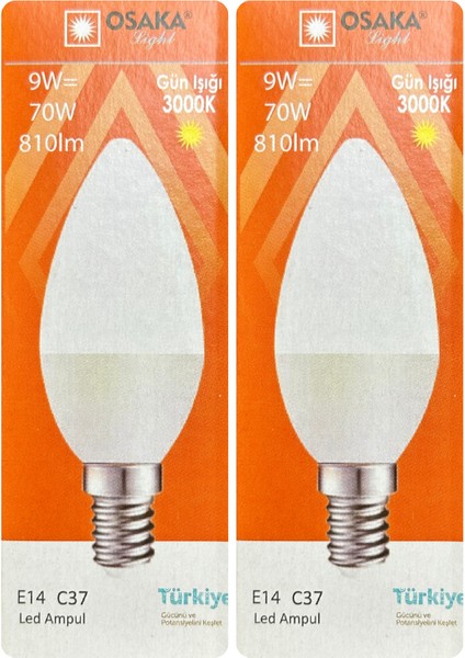 (2 adet) Osaka 9W (70W) Sarı Işık (3000K) E14 Duylu (Ince Duy) LED Mum Ampul