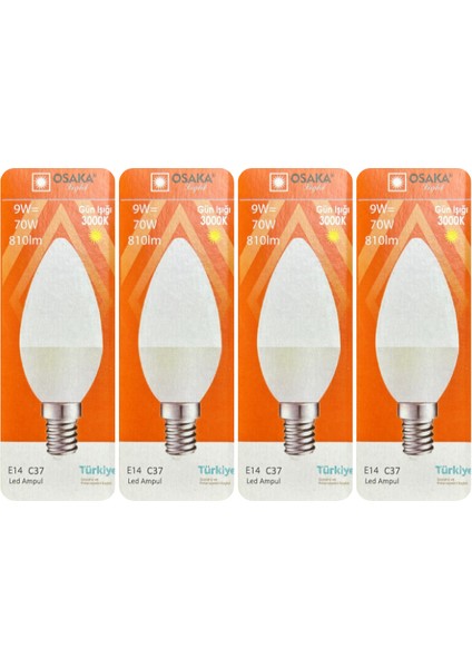 (4 adet) Osaka 9W (70W) Sarı Işık (3000K) E14 Duylu (Ince Duy) LED Mum Ampul