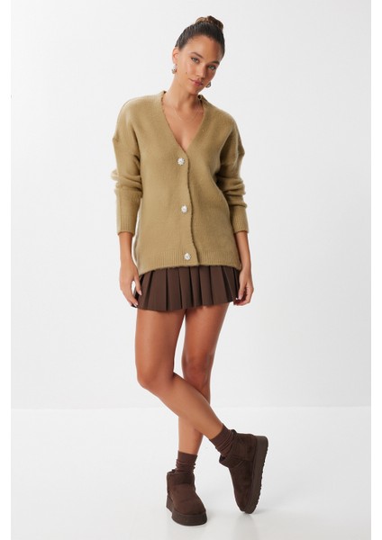 Şık Düğmeli Yumoş Triko Hırka LMT0032 Zeytin Yeşili