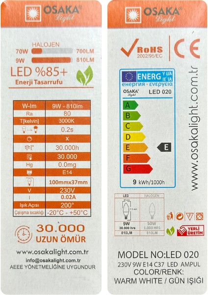 (4 adet) Osaka 9W (70W) Sarı Işık (3000K) E14 Duylu (Ince Duy) LED Mum Ampul fırsatları