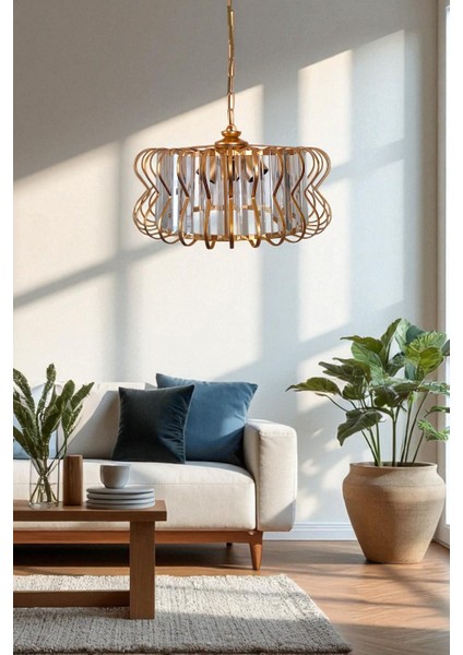 Antik Nehir 3'lü Avize Gold – Altın Renkli, Kristal Tabut Taşlı, Modern