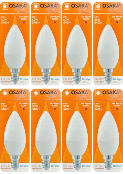 (8 adet) Osaka 6W (50W) Günışığı (4000K) E14 Duylu (Ince Duy) LED Mum Ampul