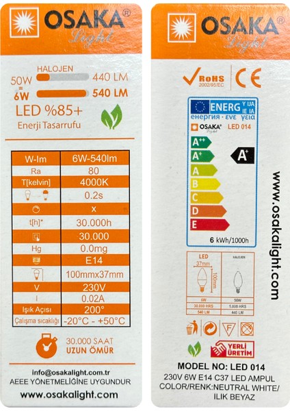 (8 adet) Osaka 6W (50W) Günışığı (4000K) E14 Duylu (Ince Duy) LED Mum Ampul fırsatları