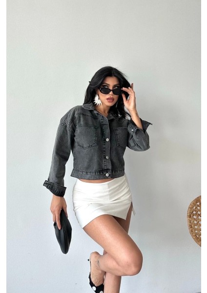 Çift Cepli Kol Katlamalı Süper Taş Enzim Yıkama Crop Kot Ceket Füme D2000
