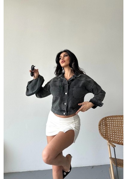 Çift Cepli Kol Katlamalı Süper Taş Enzim Yıkama Crop Kot Ceket Füme D2000