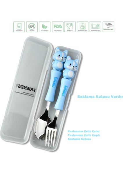 Mavi Renk Kedi Figürlü Premium Çocuk Bpa Free Paslanmaz Çelik Uçlu Çatal-Kaşık Set 24+ Ay