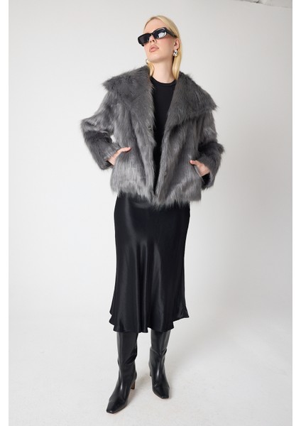 Suni Kürk Şal Yaka Ceket Gümüş