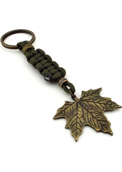 Çınar Yaprak Sonbahar Haki Yeşil Makrome Örgülü Metal Anahtarlık KC316