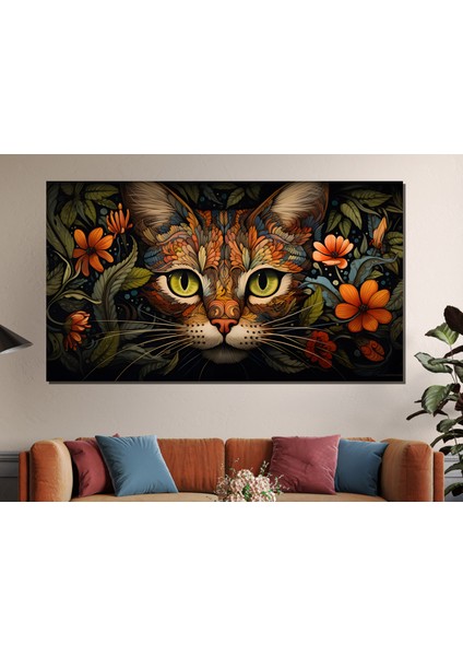 Renkli Desenli Kedi Baskı Kanvas Tablo