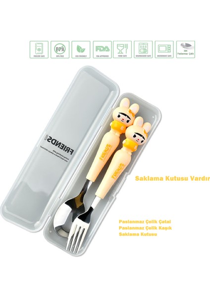 Sarı Renk Kedi Figürlü Premium Çocuk Bpa Free Paslanmaz Çelik Uçlu Çatal-Kaşık Set 24+ Ay