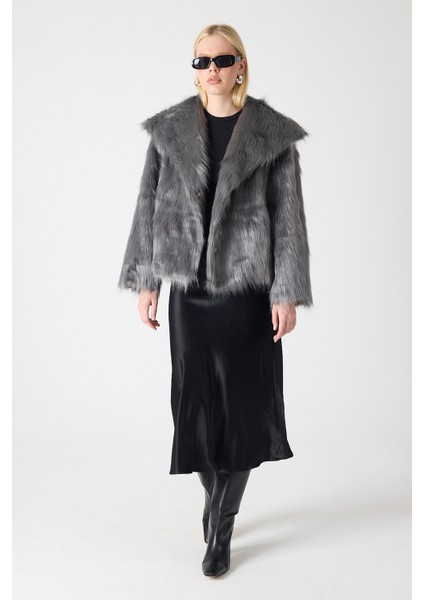 Suni Kürk Şal Yaka Ceket Gümüş